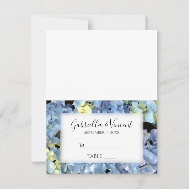 Blue Hydrangea Floral Wedding Reception Platzkarte RSVP Karte (Vorderseite)