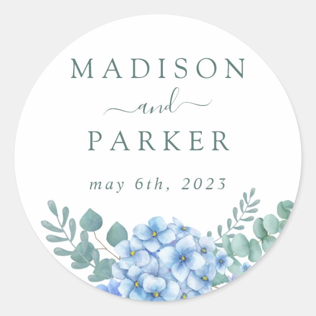 Blue Hydrangea Floral Wedding Runder Aufkleber (Vorderseite)
