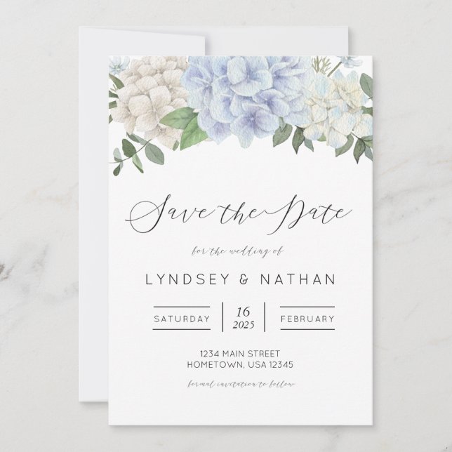 Blue Hydrangea floral Wedding Save the Date Einladung (Vorderseite)