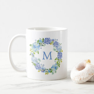 Blue Hydrangea Floral Wreath Monogramme café Mug