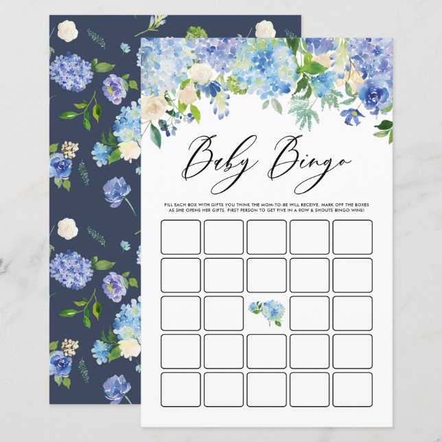 Blue Hydrangea Flowers Baby shower Bingo Carte de  (Devant / Derrière)