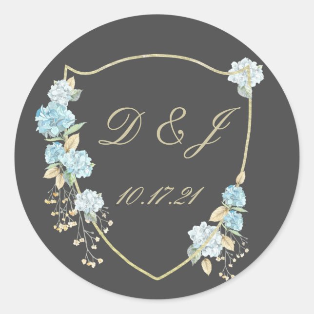 Blue Hydrangea Frame Wedding Labels Runder Aufkleber (Vorderseite)