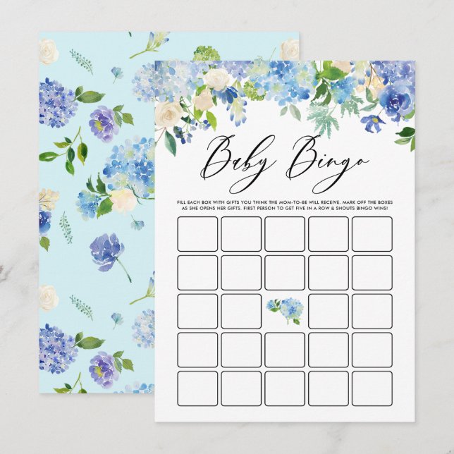 Blue Hydrangea Garland Baby Dusche Bingo Spiel Begleitkarte (Vorne/Hinten)