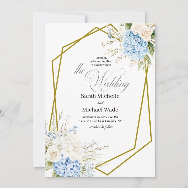 Blue Hydrangea Geometric Wedding Invitation (Devant)