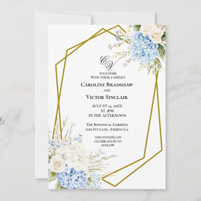 Blue Hydrangea Geometric Wedding Invitation Einladung (Vorderseite)