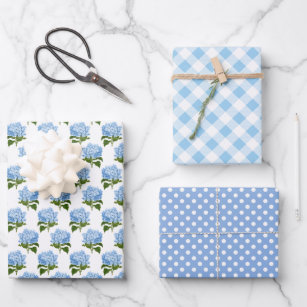 Blue Hydrangea Gingham und Polka Dot Pattern Geschenkpapier Set
