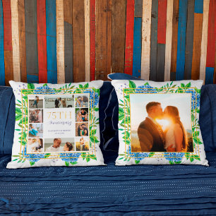 Blue Hydrangea Gold 75-jähriges Foto Collage Kissen