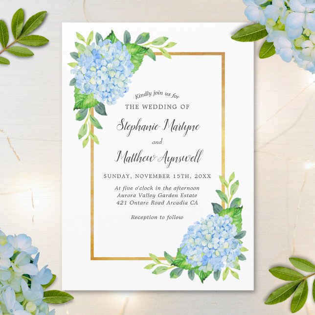 Blue Hydrangea Gold Border Watercolor Wedding Einladung (Von Creator hochgeladen)