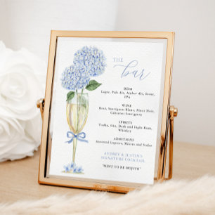 Blue Hydrangea, Gold Glass Bar Menu Poster