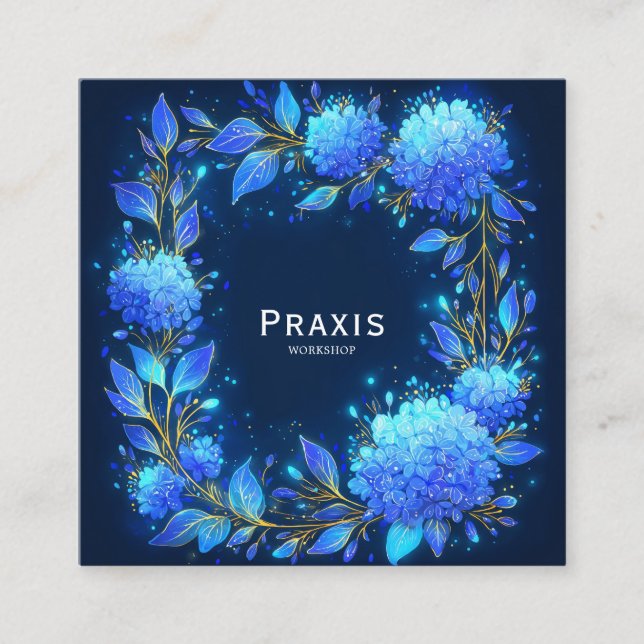 Blue Hydrangea Gold Wreath Midnight Floral Quadratische Visitenkarte (Vorderseite)