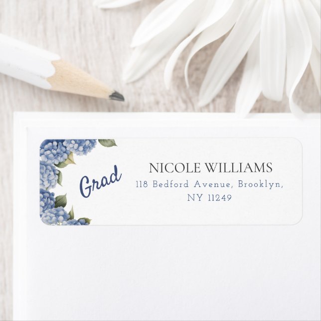 Blue Hydrangea Grad Return Address Label (Insitu)