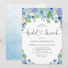 Blue Hydrangea Greenera Watercolor Bridal Brunch Einladung