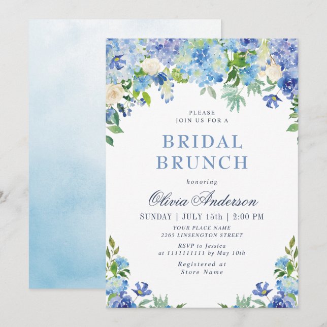 Blue Hydrangea Greenera Watercolor Bridal Brunch Einladung (Vorne/Hinten)