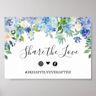 Blue Hydrangea Greenera Wedding Hashtag Sign Poster
