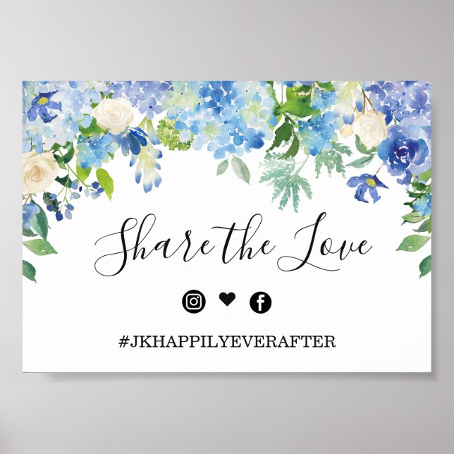 Blue Hydrangea Greenera Wedding Hashtag Sign Poster (Vorne)