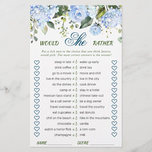 Blue Hydrangea Greenerity Brautparty Game (Vorderseite)