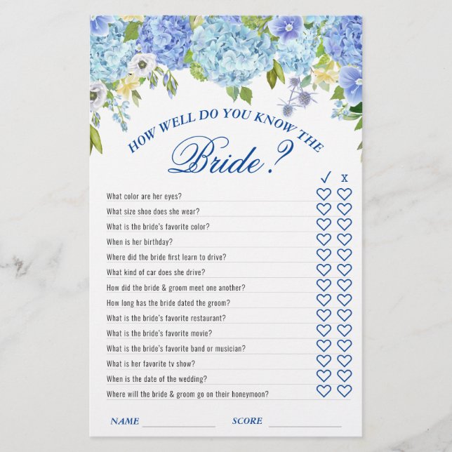 Blue Hydrangea Greenerity Brautparty Game (Vorderseite)