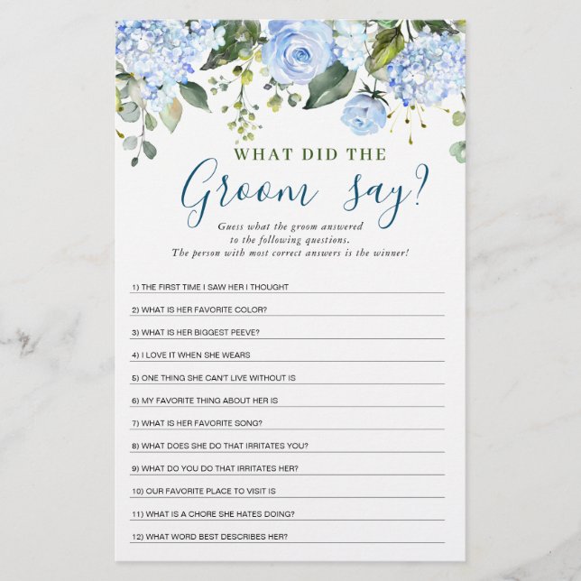 Blue Hydrangea Greenerity Brautparty Game (Vorderseite)