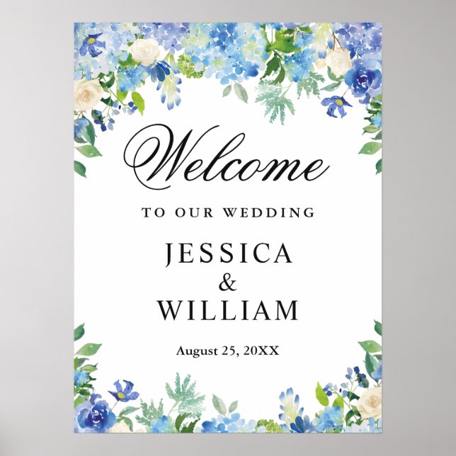Blue Hydrangea Greenery Chic Wedding Willkommen Poster (Vorne)