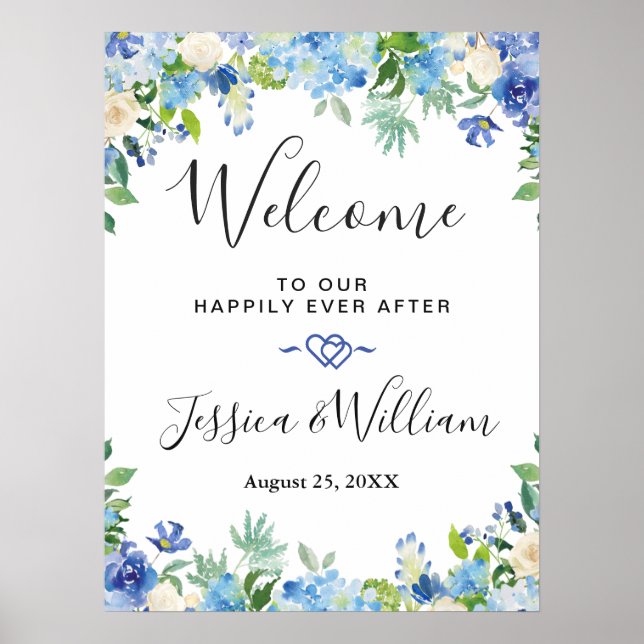 Blue Hydrangea Greenery Chic Wedding Willkommen Poster (Vorne)
