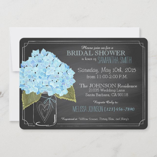 Blue Hydrangea Jar Chalkboard Brautparty Einladung (Vorderseite)