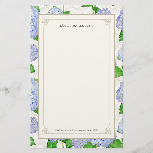 Blue Hydrangea Lace Floral Formal Elegante Hochzei Briefpapier (Vorderseite)