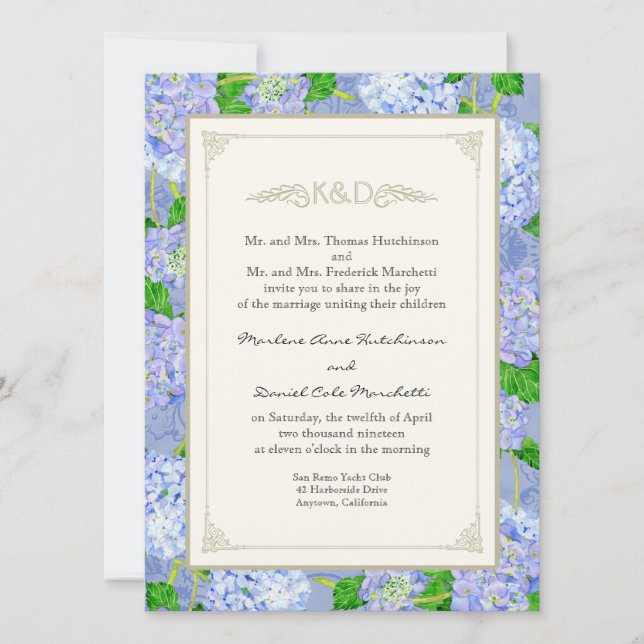 Blue Hydrangea Lace Floral Formal Elegante Hochzei Einladung (Vorderseite)