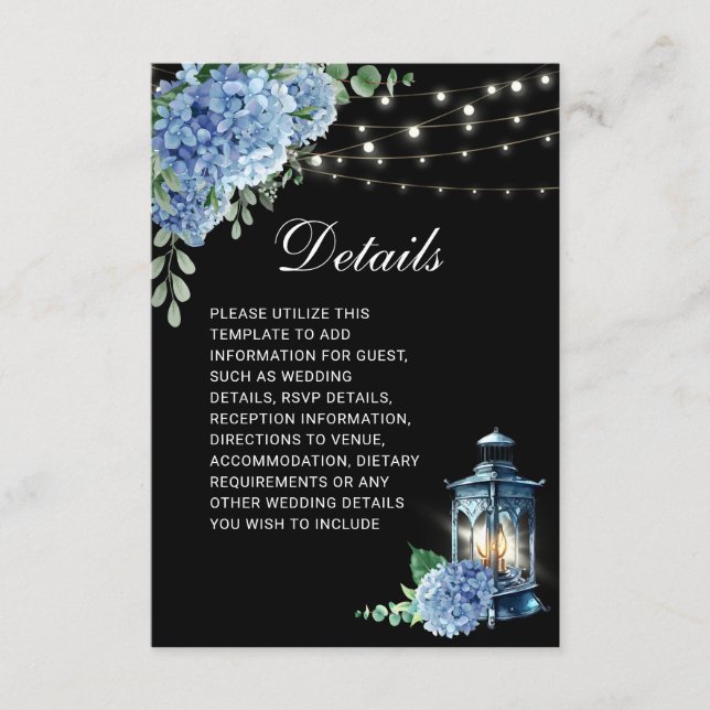 Blue Hydrangea Lantern Black Boho Hochzeitsdetails Begleitkarte (Vorderseite)