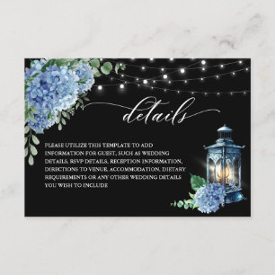 Blue Hydrangea Lantern Black Boho Hochzeitsdetails Begleitkarte