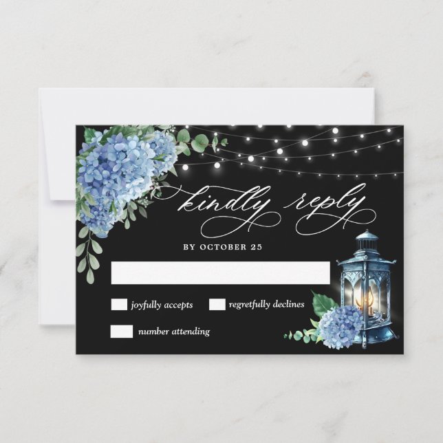 Blue Hydrangea Lantern Black Boho Wedding RSVP Karte (Vorderseite)