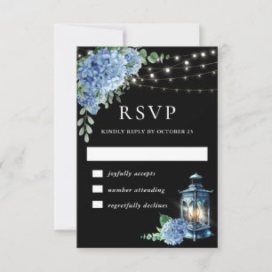 Blue Hydrangea Lantern Black Boho Wedding RSVP Karte