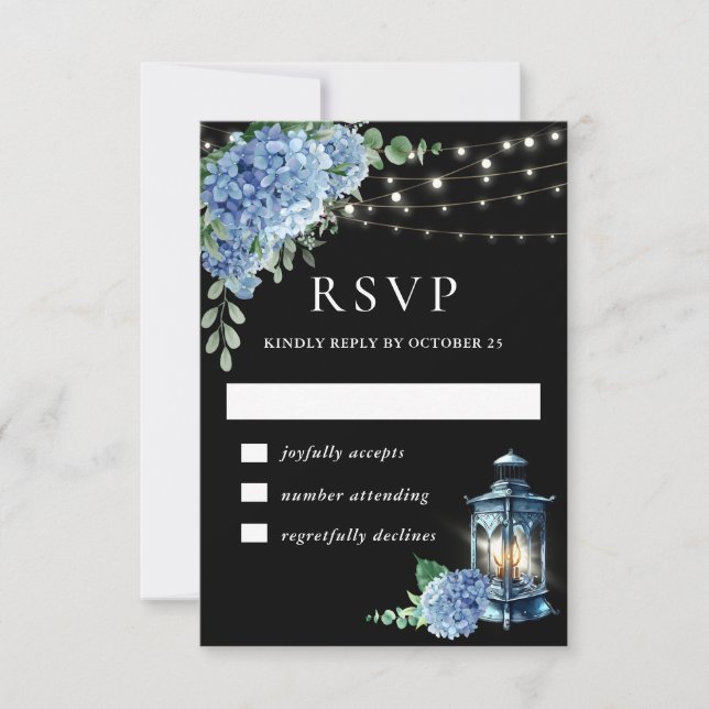 Blue Hydrangea Lantern Black Boho Wedding RSVP Karte (Vorderseite)