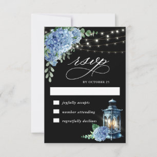 Blue Hydrangea Lantern Black Boho Wedding RSVP Karte