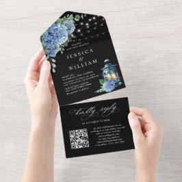 Blue Hydrangea Lantern Black Wedding QR Code All In One Einladung