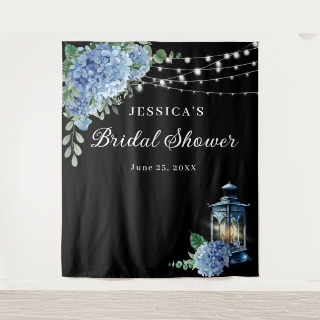 Blue Hydrangea Lantern Boho Brautparty Hintergrund Wandteppich (Vorderseite)