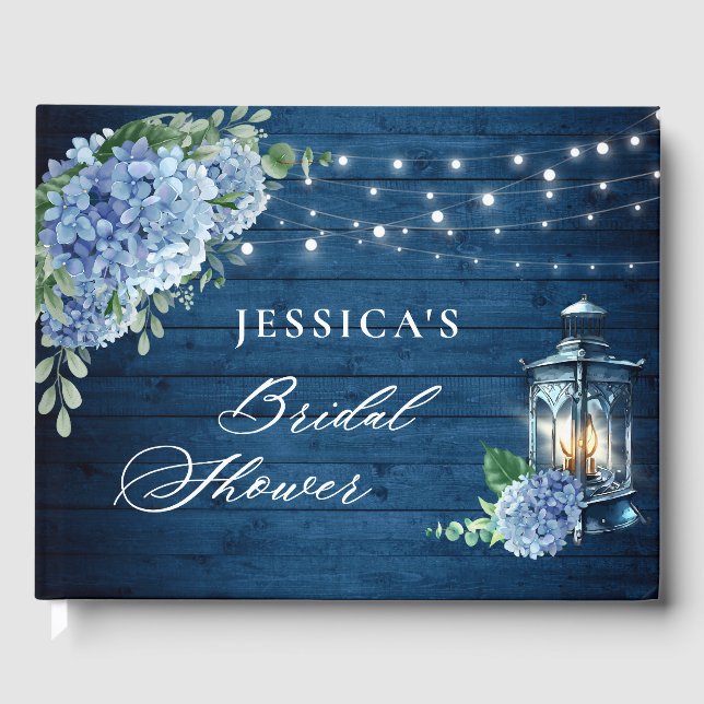 Blue Hydrangea Lantern Navy Wood Brautparty Gästebuch (Vorderseite)