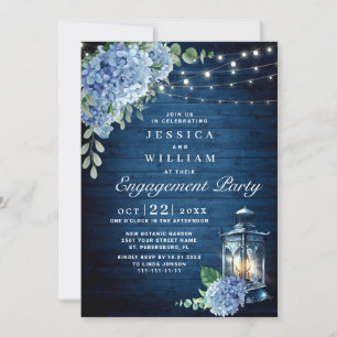 Blue Hydrangea Lantern Navy Wood Engagement Party Einladung