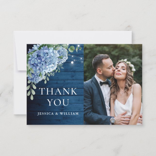 Blue Hydrangea Lantern Navy Wood Foto Hochzeit Dankeskarte (Vorderseite)