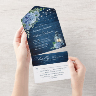 Blue Hydrangea Lantern Navy Wood Wedding All In One Einladung