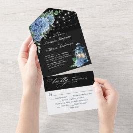 Blue Hydrangea Lantern Schwarzer Hintergrund Hochz All In One Einladung