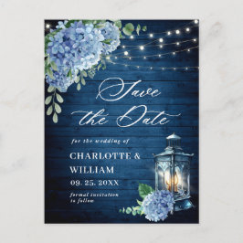 Blue Hydrangea Lantern Wedding Save the Date Postkarte