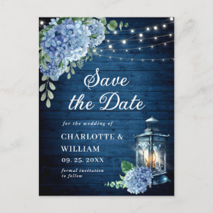 Blue Hydrangea Lantern Wedding Save the Date Postkarte
