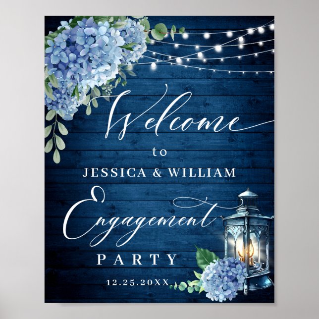 Blue Hydrangea Lantern Wood Boho ENGAGEMENT PARTEI Poster (Vorne)