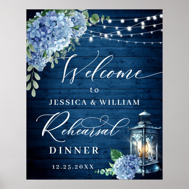 Blue Hydrangea Lantern Wood Boho Probe Dinner Poster (Vorne)
