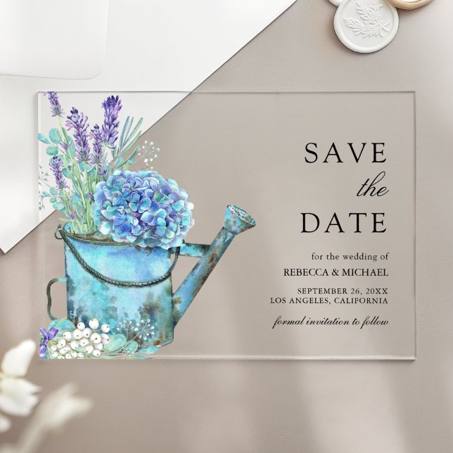 Blue Hydrangea Lavender Wedding Save the Date Acryleinladungen (Von Creator hochgeladen)
