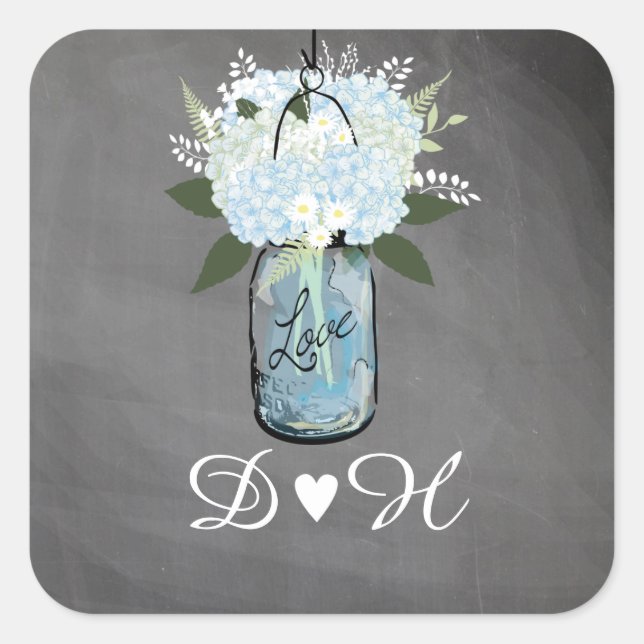 Blue Hydrangea Mason Jar Chalkboard | Hochzeit Quadratischer Aufkleber (Vorderseite)