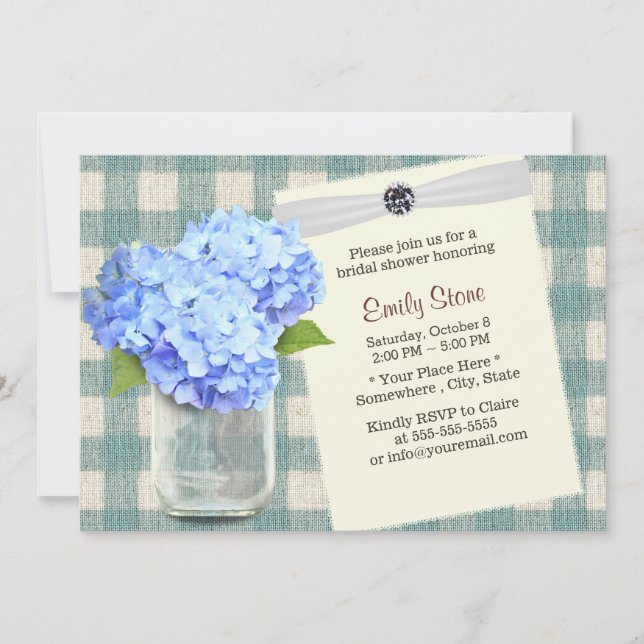 Blue Hydrangea & Mason Jar Kariertes Brautparty Einladung (Vorderseite)