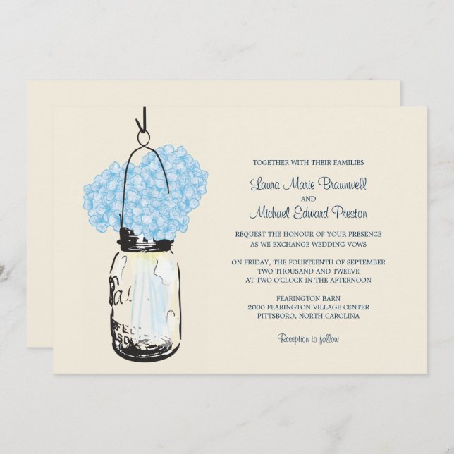 Blue Hydrangea Mason Jar Wedding Einladung (Vorne/Hinten)