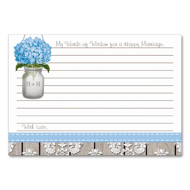Blue Hydrangea Mason Jar Worte des Ratgebers Tischnummer (Vorderseite)