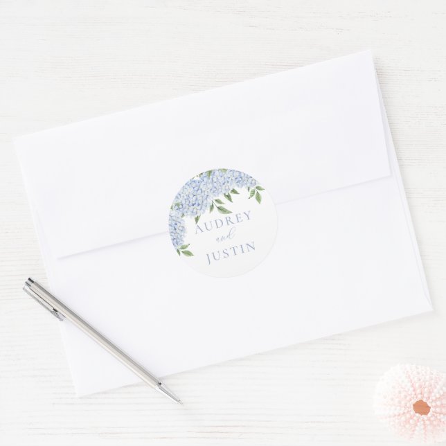 Blue Hydrangea maßgeschneiderter Hochzeitssliding- Runder Aufkleber (Umschlag)